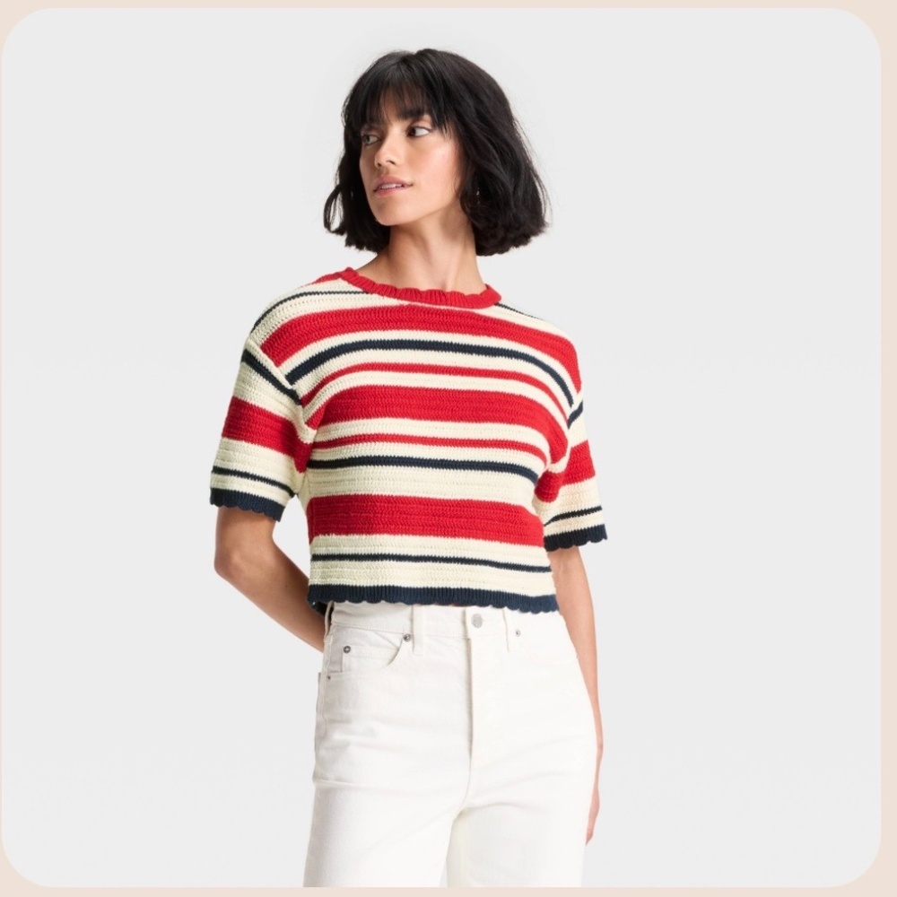 Universal Thread Crewneck Knit Pullover Striped Sweater in Red/Navy Small